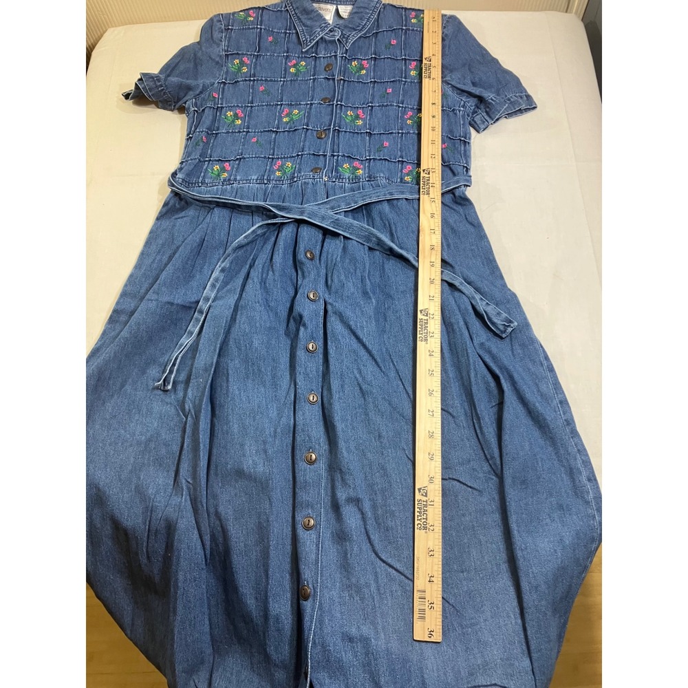 Karin Stevens Vintage 90s Denim Floral Embroidered Midi Dress Blue 6P Cotton - Picture 3 of 12